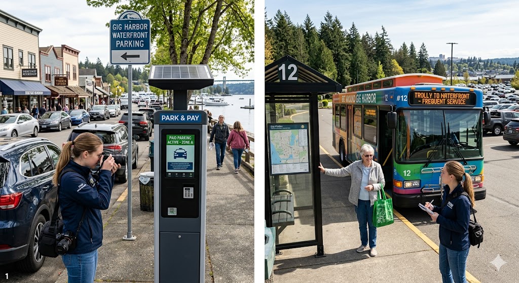 A community journalist taking a photo of a solar-powered Gig Harbor Parking Updates pay station in the historic downtown district.
