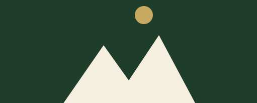 Minimalist landscape with two cream-colored mountains under a dark green sky and a gold sun above the peaks.