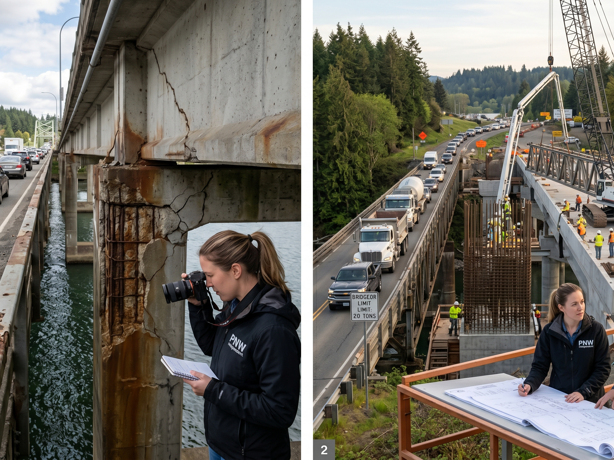 A PNW Independent journalist documenting structural cracks and rusted rebar on a Pierce County bridge needing replacement.