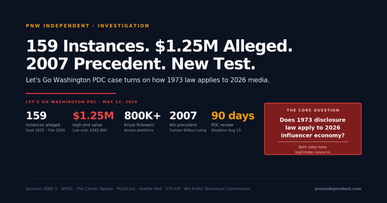 Let's Go Washington PDC complaint hero — 159 instances alleged unreported, $345K to $1.25M valued, 2007 precedent at stake
