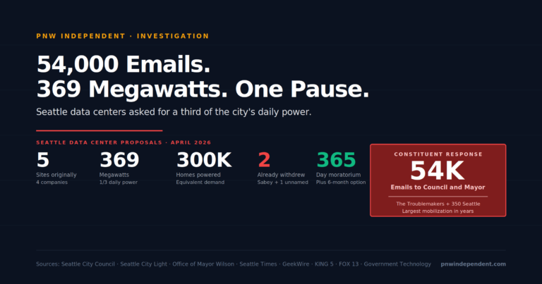 Seattle data center moratorium hero — 54,000 emails, 369 megawatts demanded, 5 proposed sites